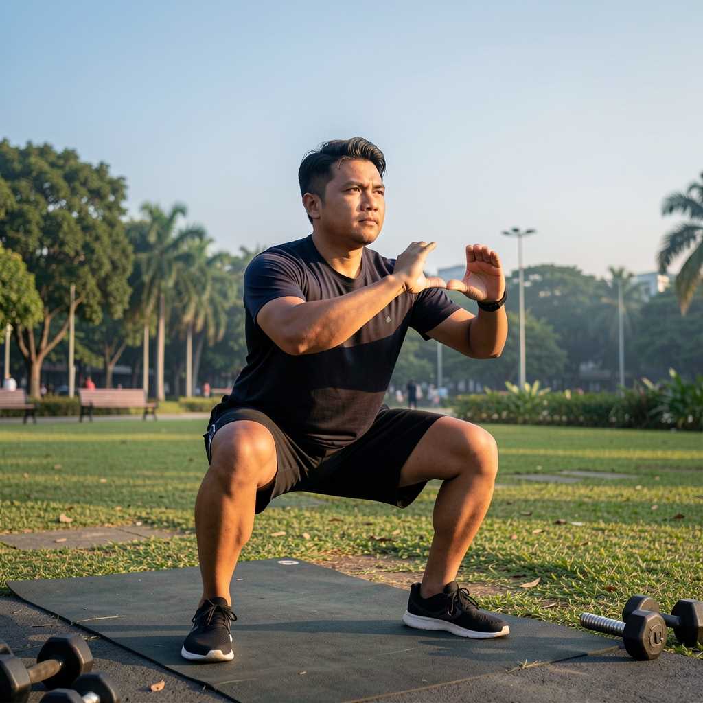 Man performing a bodyweight squat exercise outdoors in a Jakarta park at early morning with minimal equipment and a clear sky