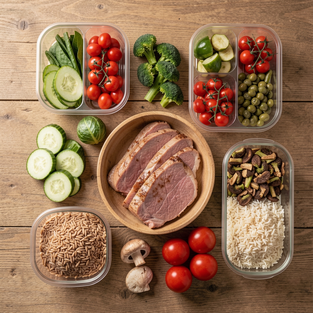 Flat lay photograph of a structured meal preparation with lean protein, vegetables, brown rice and portion containers on a wooden surface