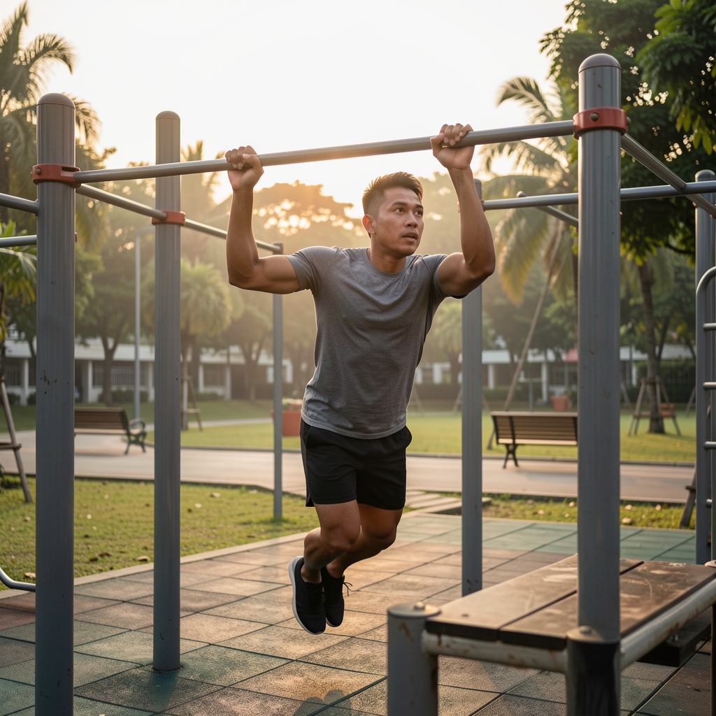 Man doing pull-ups on an outdoor Jakarta park fitness station at dawn, demonstrating functional upper-body movement with no equipment