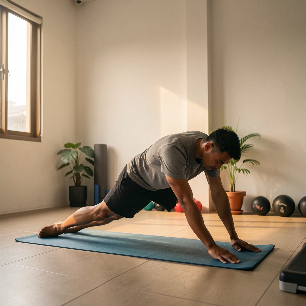 Man performing a slow stretching sequence on a yoga mat in a quiet home gym in Jakarta, with early morning light from a window and minimal decor