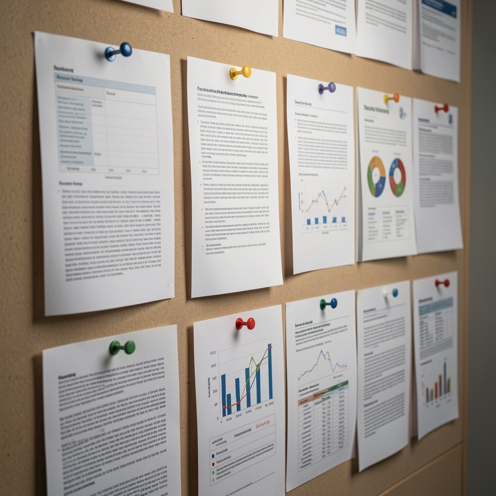 Close-up of a research reference wall in the Rafon Jakarta studio showing pinned nutritional research documents, charts, and sourcing notes under controlled lighting